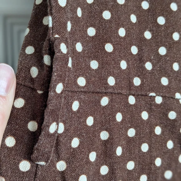 Zara Brown White Button Down Linen Blend Polka Dot Dress Size L Missing Belt - Picture 5 of 11